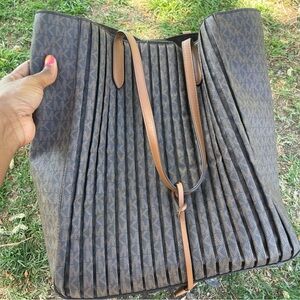 Michael Kors Dark Brown Pleated MK Logo Tote with Tan Straps